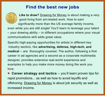 Like to draw? Drawing for Money is about making a very good living from art-related work. How to earn significantly more than the US average family income, even while you are still single! Youll learn to leverage your talent  your drawing ability  in different occupations where your visual communications skill adds great value. Specific high-paying opportunities for artists in different key industry sectors, like advertising, defense, high-tech, and medical -- are  thoroughly covered. The author, following a first career in ad agencies and a second as a corporate multimedia designer, provides extensive real-world experience and examples to help you make more money doing the work you love.  n  Career strategy and tactics -- youll learn proven tips for rapid promotions... as well as how to avoid layoffs and offshoring. Drawing for Money is about job security as well as increased income. Find the best new jobs